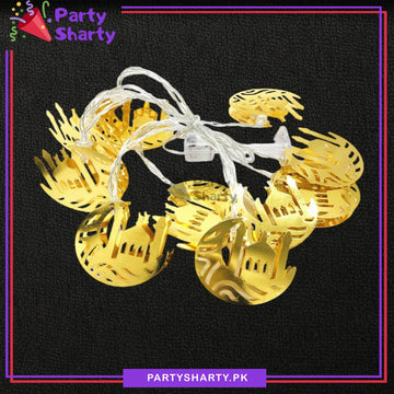 D-2 Golden Crescent With Masjid Shaped Metal LED String Lights For Ramadan Festival and Celebration